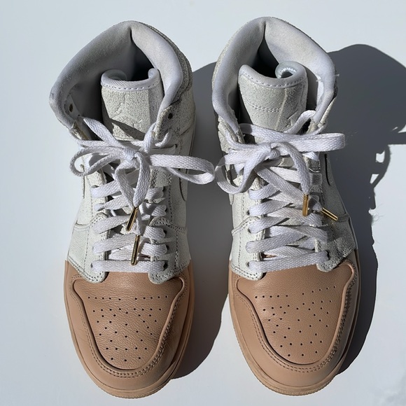 Jordan Shoes - Dipped Retro Air Jordan 1 high top lustre white leather with tan toe & gold logo